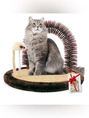 Multi-Function Cat Grooming Scratcher with Arch and Toy - Brown